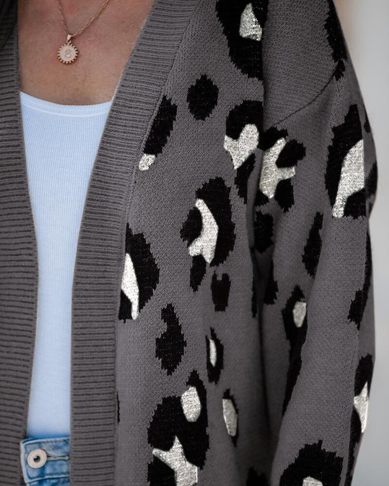 Women's Leopard Pattern Open Front Mid-length Knit Cardigan Sweater Coat