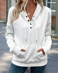 Long Sleeve Half Snap Buttons Front Drawstring Hoodie Sweatshirt Casual Kangaroo Pocket Drop Shoulder Cable Textured Top
