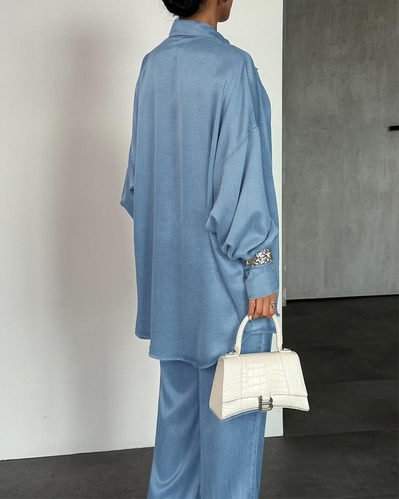 2 Pieces Outfit Turn-down Collar Long Sleeve Button Front Curved Hem Top and Drawstring Elastic Waist Pants Set