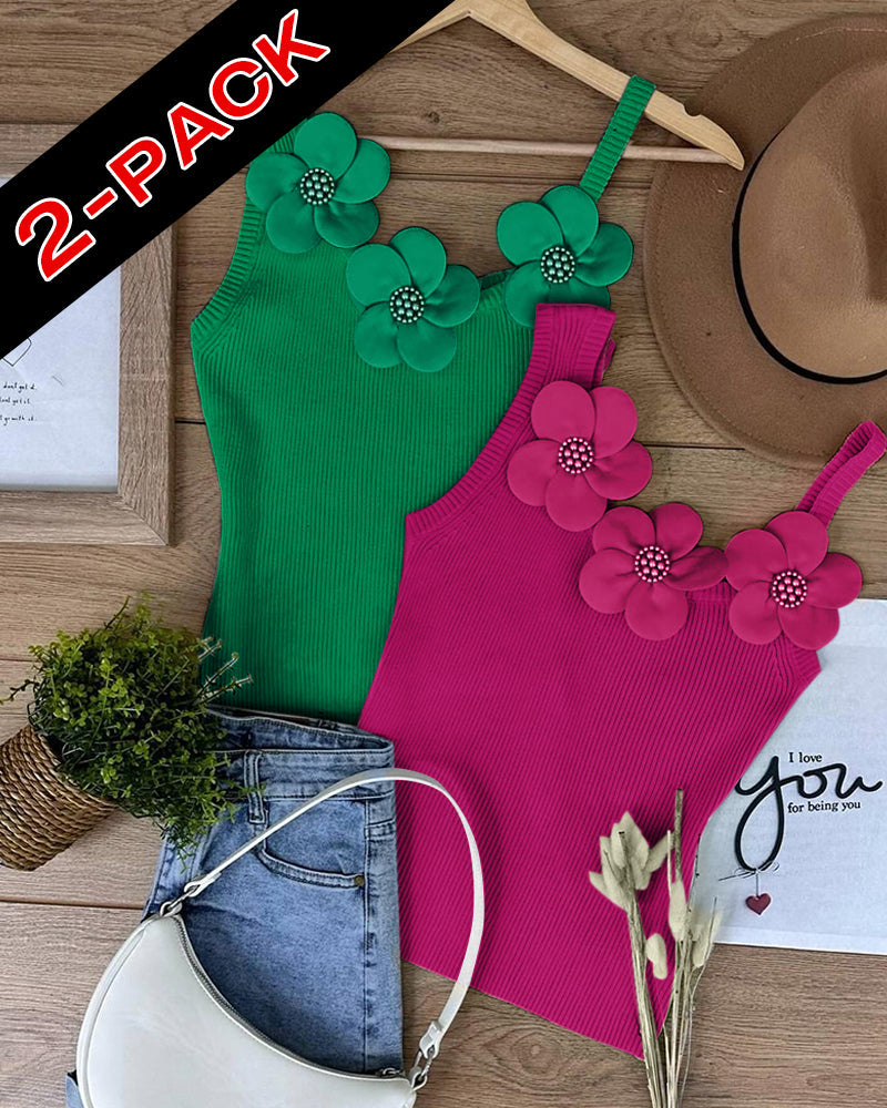 2 Pack Solid 3D Flower Tank Top Asymmetrical Neck Sleeveless Casual Ribbed Knit Camisole