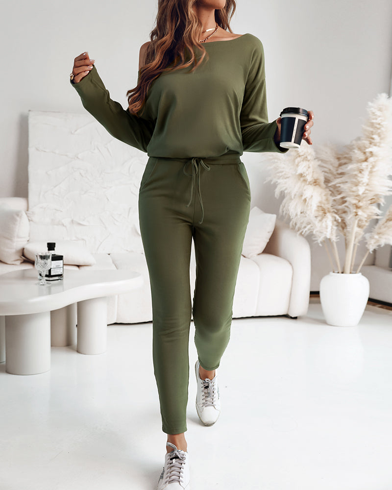 2 Pieces Outfit Long Sleeve Skew Neck Pullover Top and Drawstring Elastic Waist Slim Fit Pants Set