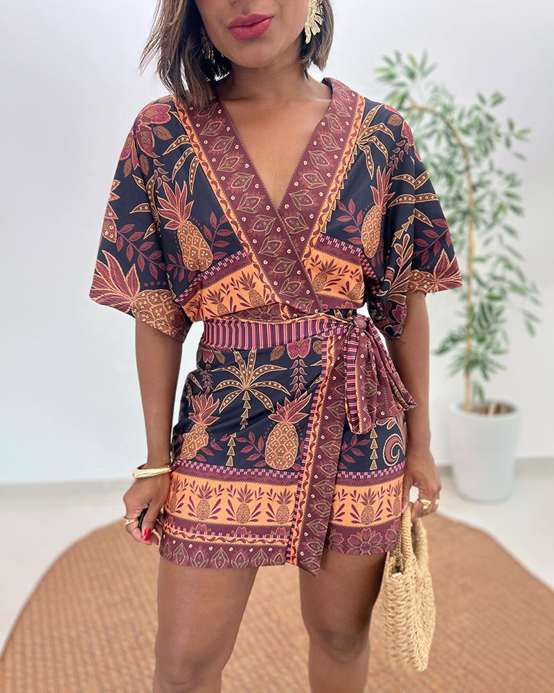 Damen Tropischer Print Romper V-Ausschnitt Wickel-Knoten Seiten Jumpsuit Halbarm Strandurlaub Sommer Skorts Romper