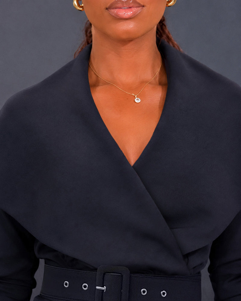 Women's Lapel Collar Wrap V-Neck Long Sleeve Slit Midi Dress with Belt