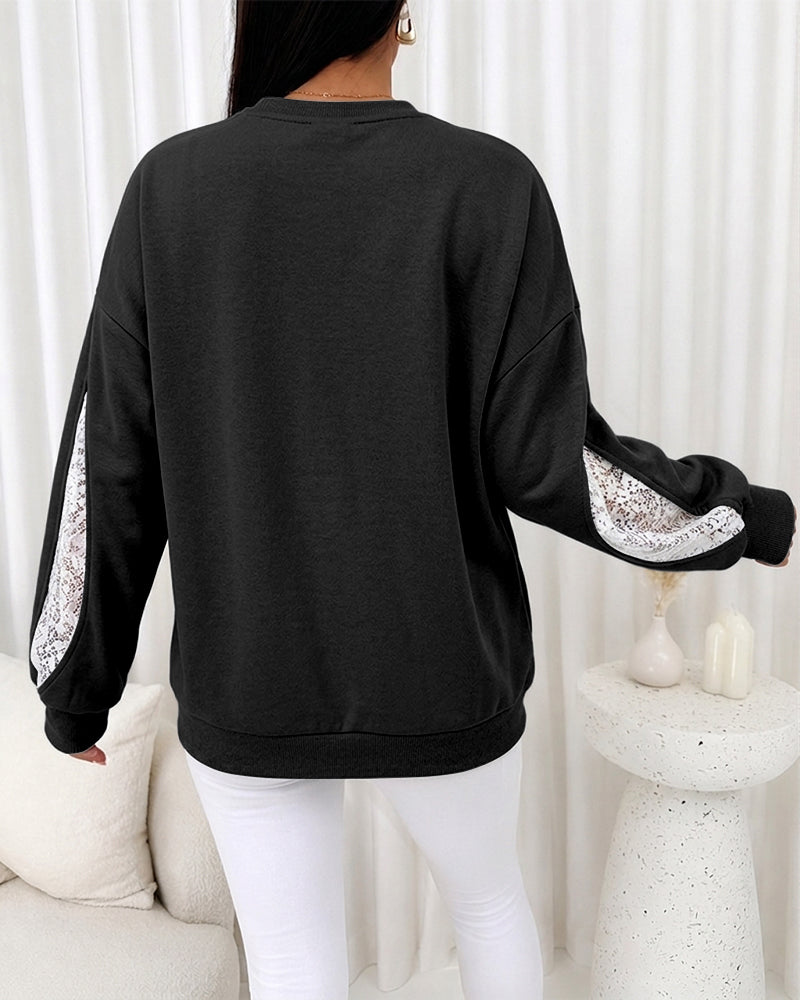 Women's Lace Patchwork Sweatshirt Crewneck Long Sleeve Pullover Slit Sleeve Casual Loose Fit Top