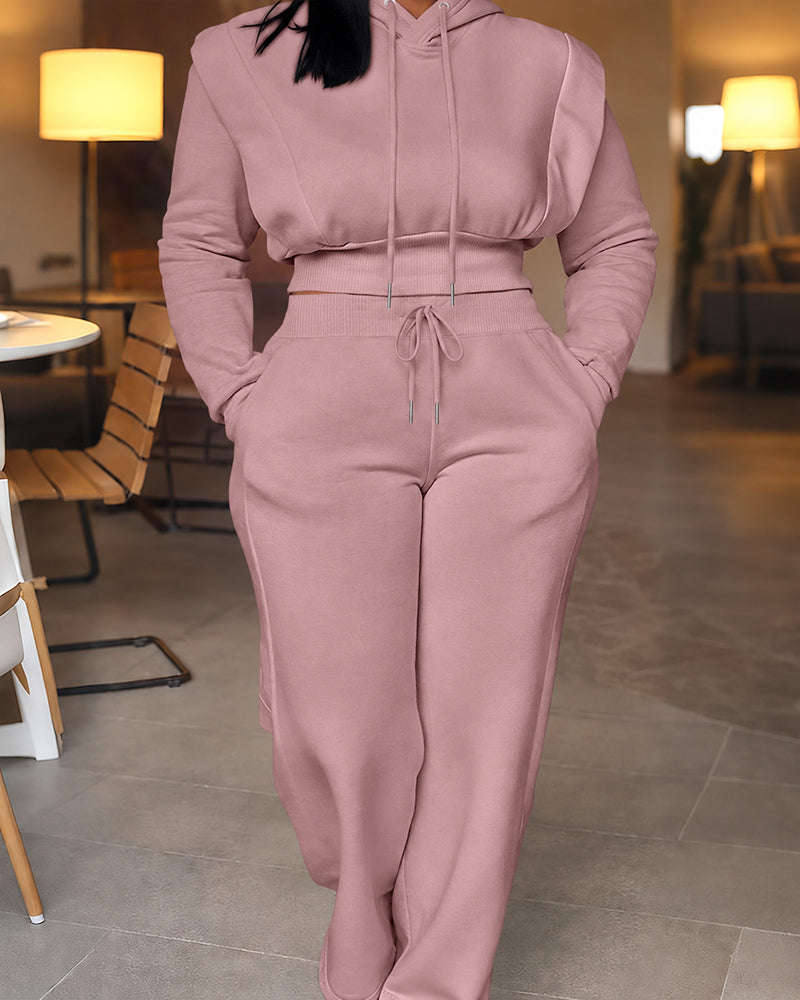 2 Pieces Outfit Long Sleeve Crop Drawstring Hoodie Sweatshirt with Thumb Hole Cuffs and Casual Drawstring Elastic Waist Wide Leg Sweatpants Set