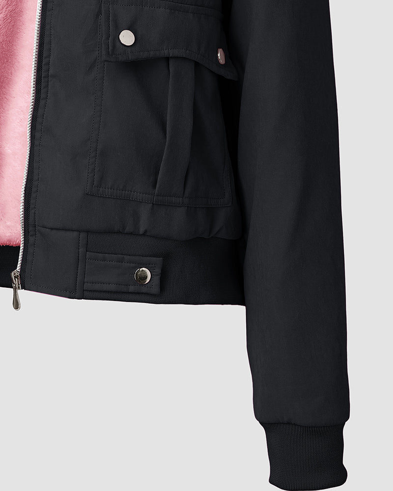 Flauschige Jacke mit Kapuze, Reißverschluss, Fleecefutter und Taschen