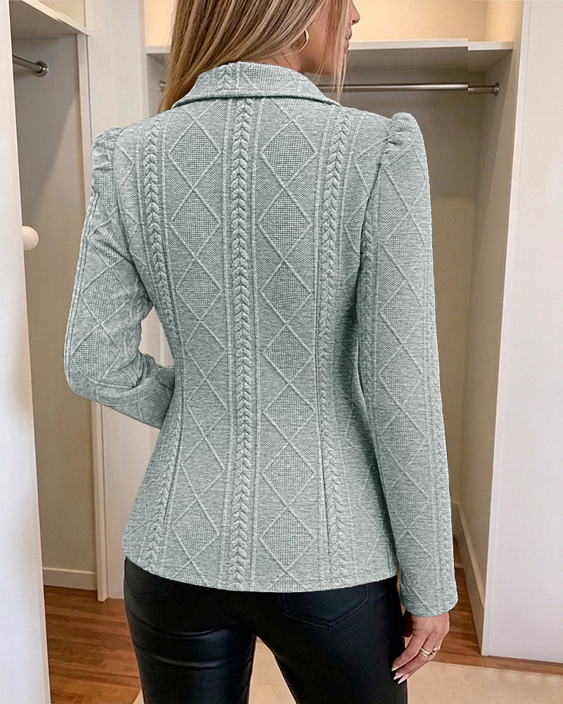 Women's Elegant Argyle Textured Blazer Slim Fit Puff Sleeve Suit Jacket Gold Button Work Office Commuter Blazer with Pockets