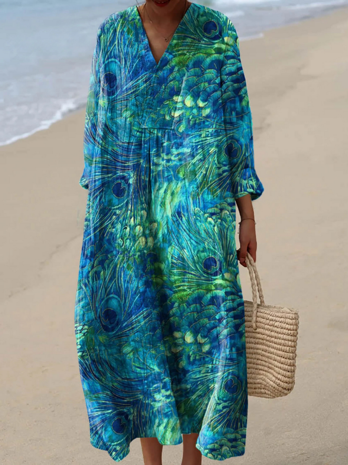 Elodie | Kleid mit Pfauenfeder-Muster als Kunstdruck