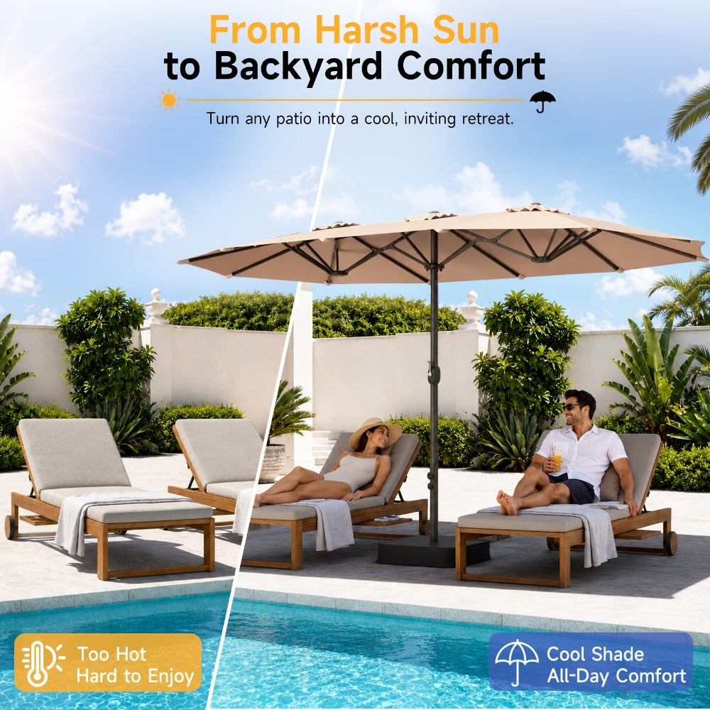 Patio Umbrella 15FT Double-Sided Rectangle with 12-Rib Frame, Triple Vents, Crank and Two Color Options