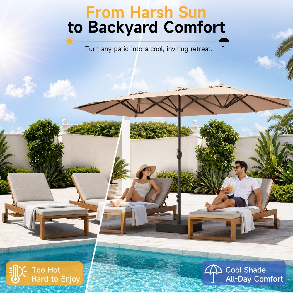 Patio Umbrella 15FT Double-Sided Rectangle with 12-Rib Frame, Triple Vents, Crank and Two Color Options