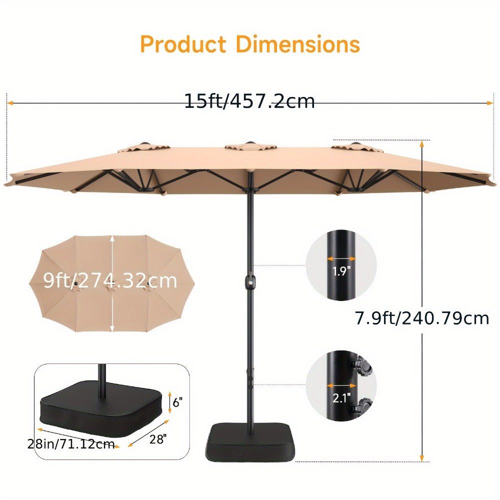 Patio Umbrella 15FT Double-Sided Rectangle with 12-Rib Frame, Triple Vents, Crank and Two Color Options