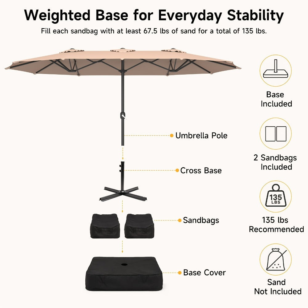 Patio Umbrella 15FT Double-Sided Rectangle with 12-Rib Frame, Triple Vents, Crank and Two Color Options