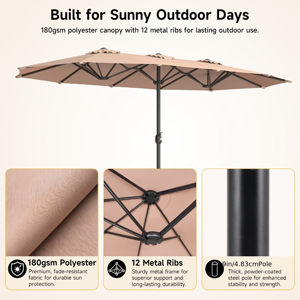 Patio Umbrella 15FT Double-Sided Rectangle with 12-Rib Frame, Triple Vents, Crank and Two Color Options