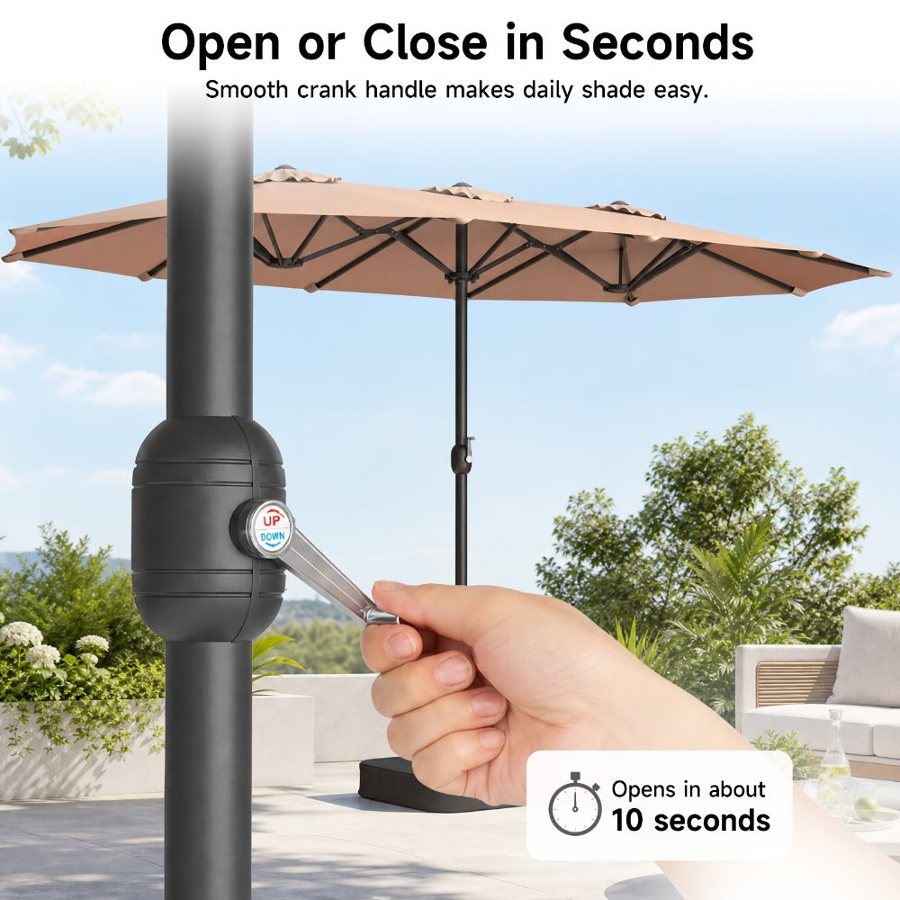 Patio Umbrella 15FT Double-Sided Rectangle with 12-Rib Frame, Triple Vents, Crank and Two Color Options