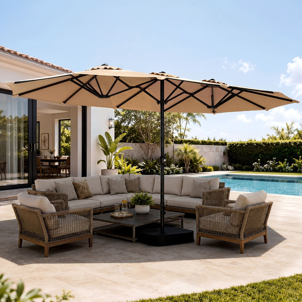 Patio Umbrella 15FT Double-Sided Rectangle with 12-Rib Frame, Triple Vents, Crank and Two Color Options