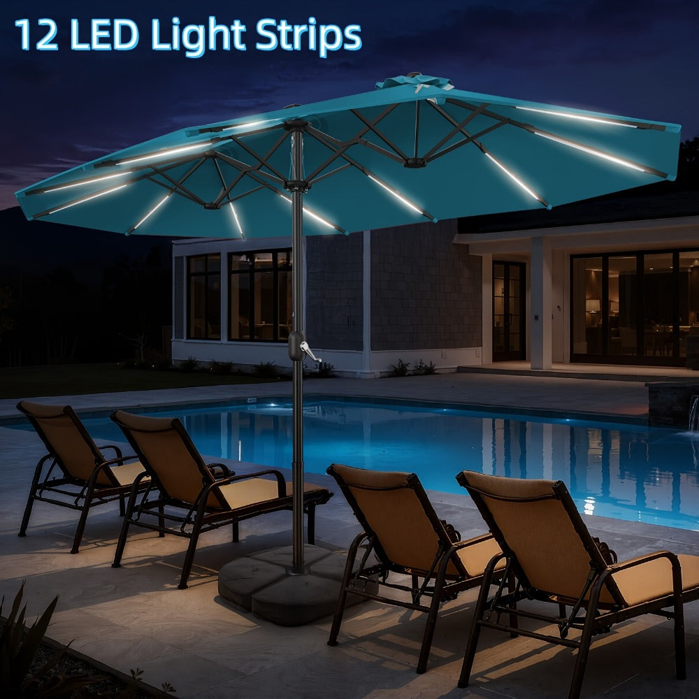 Patio Umbrella 15FT Double-Sided Solar LED Style with 48 Lights, 12 Steel Ribs and Five Colors