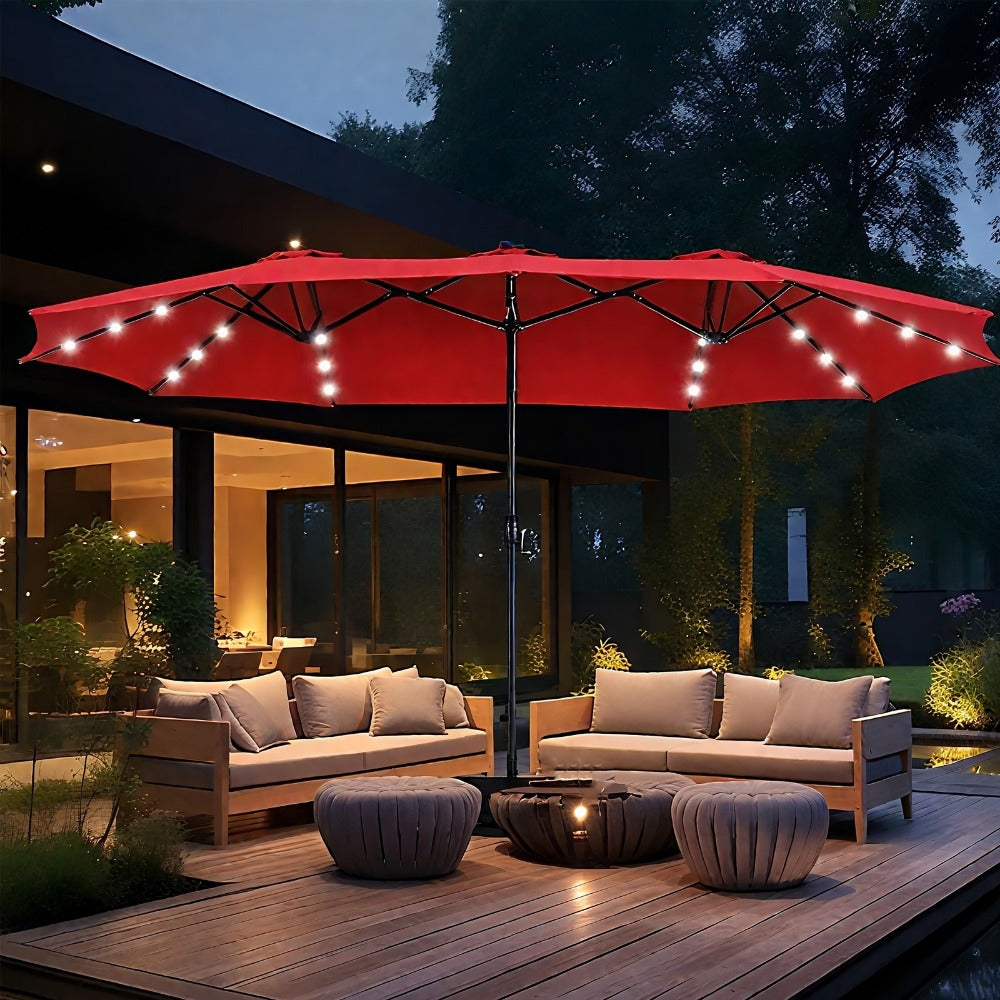 Patio Umbrella 15FT Double-Sided Solar LED Style with 48 Lights, 12 Steel Ribs and Five Colors