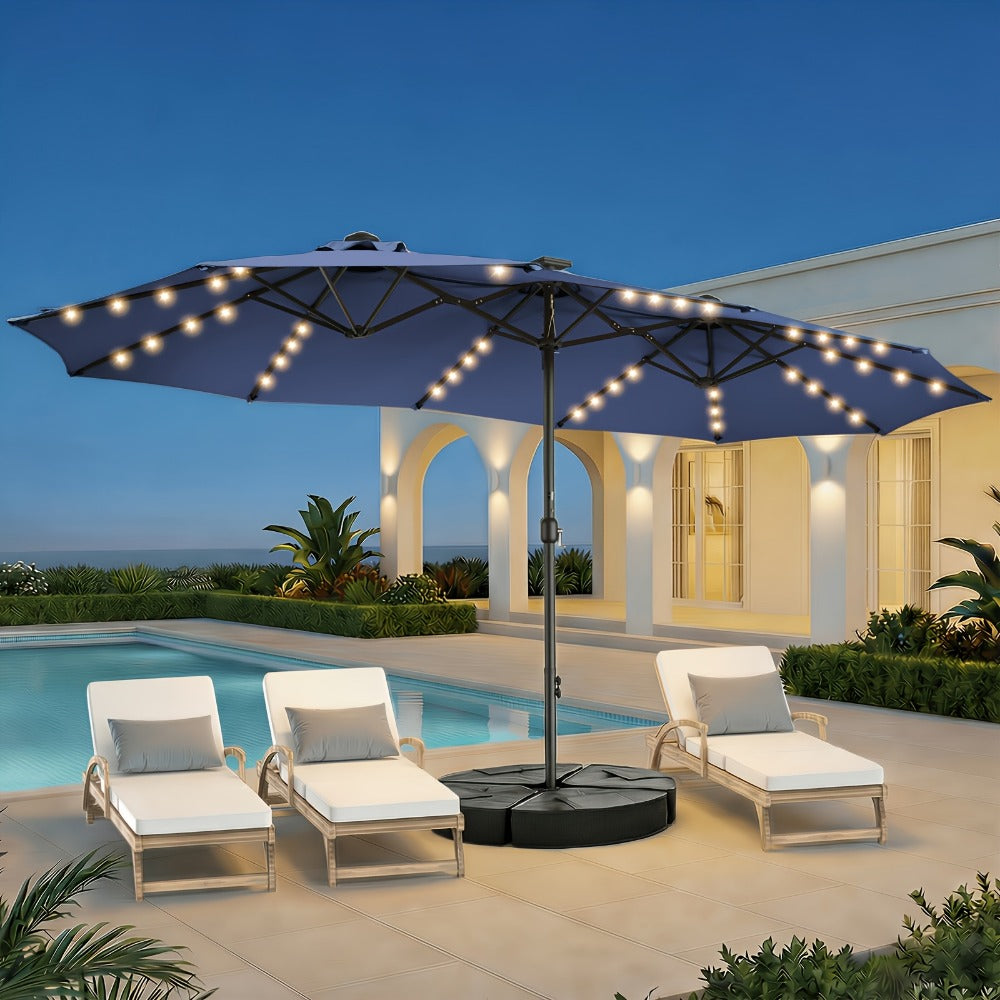 Patio Umbrella 15FT Double-Sided Solar LED Style with 48 Lights, 12 Steel Ribs and Five Colors