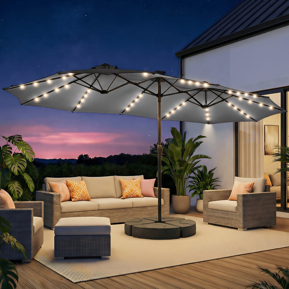 Patio Umbrella 15FT Double-Sided Solar LED Style with 48 Lights, 12 Steel Ribs and Five Colors