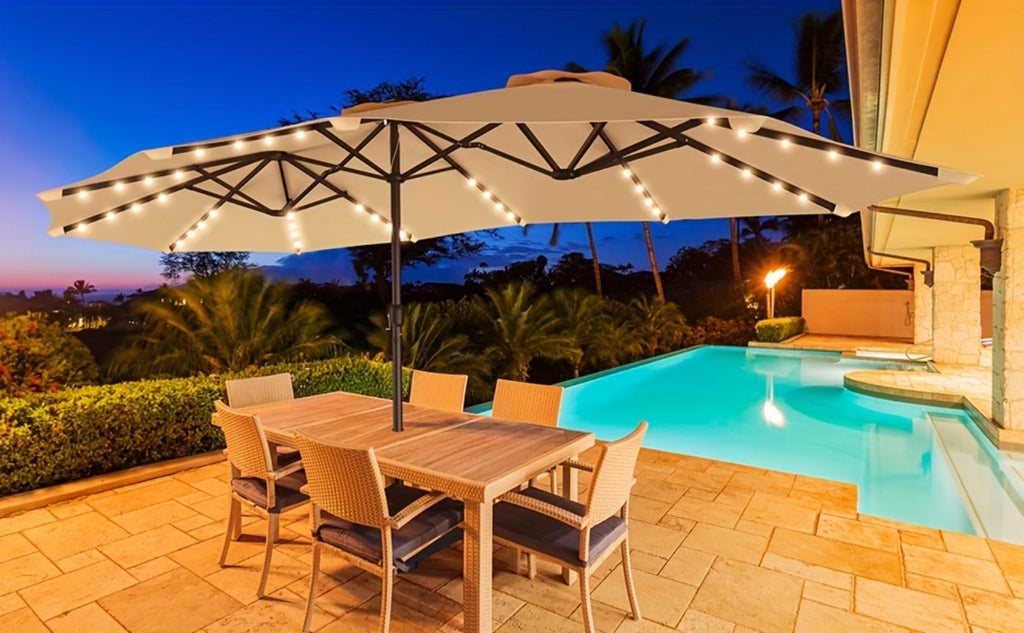 Patio Umbrella 15FT Double-Sided Solar LED Style with 48 Lights, 12 Steel Ribs and Five Colors