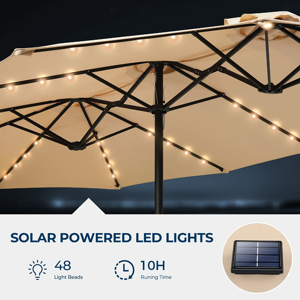 Patio Umbrella 15FT Double-Sided Solar LED Style with 48 Lights, 12 Steel Ribs and Five Colors