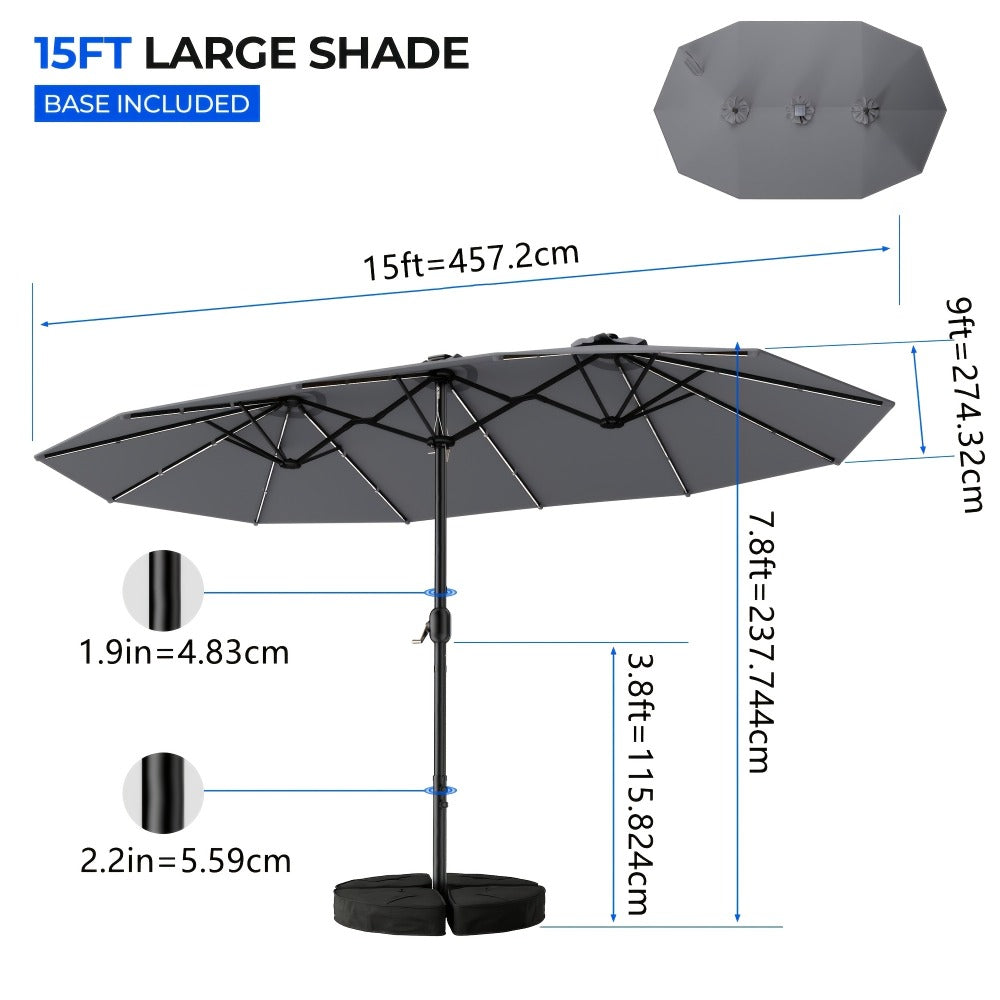 Patio Umbrella 15FT Double-Sided Solar LED Style with 48 Lights, 12 Steel Ribs and Five Colors