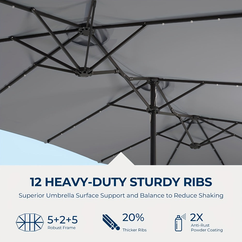 Patio Umbrella 15FT Double-Sided Solar LED Style with 48 Lights, 12 Steel Ribs and Five Colors
