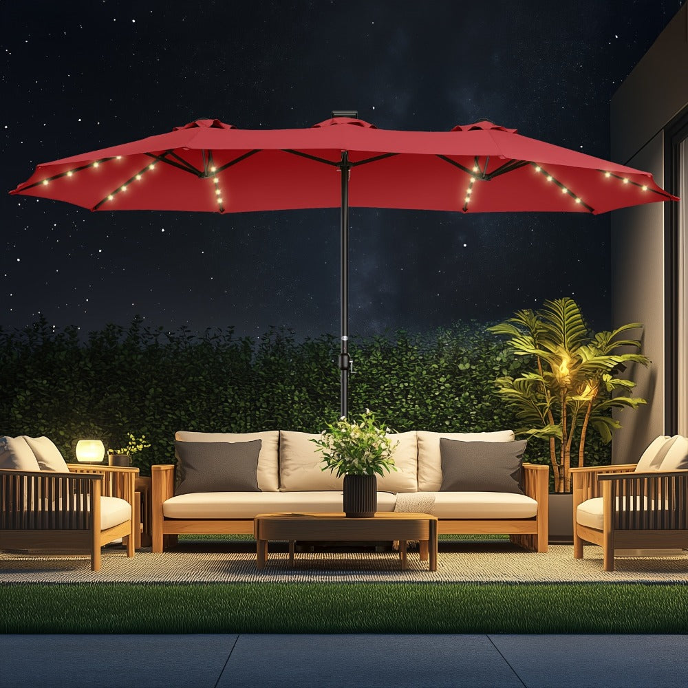 Patio Umbrella 15FT Double-Sided Solar LED Style with 48 Lights, 12 Steel Ribs and Five Colors