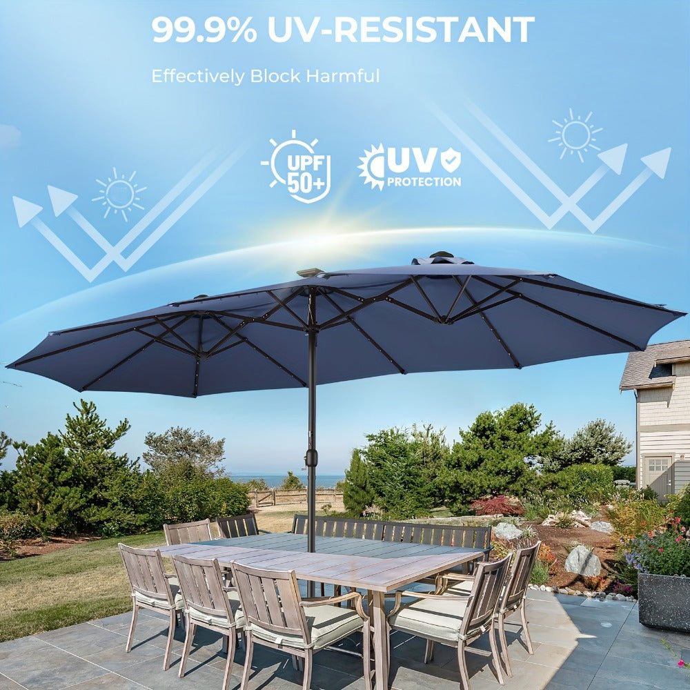 Patio Umbrella 15FT Double-Sided Solar LED Style with 48 Lights, 12 Steel Ribs and Five Colors