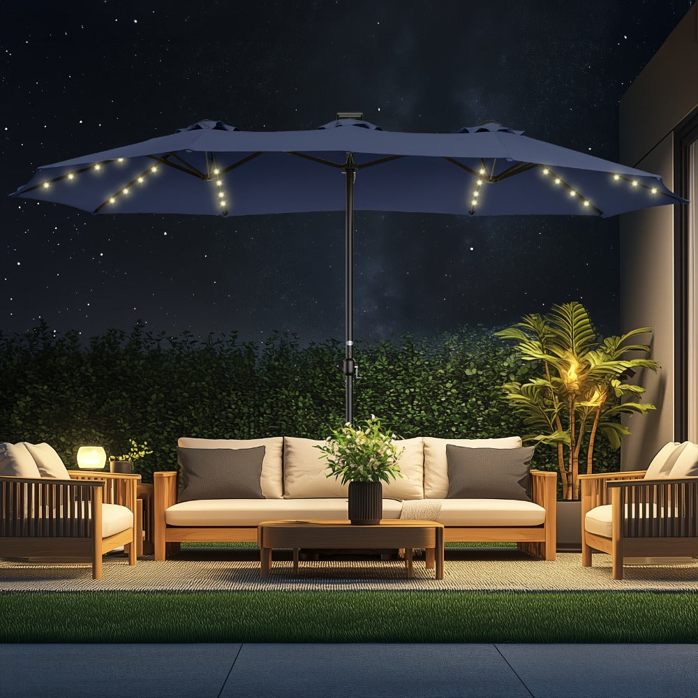 Patio Umbrella 15FT Double-Sided Solar LED Style with 48 Lights, 12 Steel Ribs and Five Colors