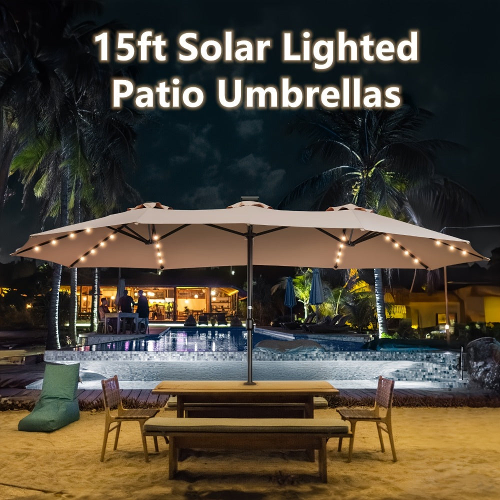 Patio Umbrella 15FT Double-Sided Solar LED Style with 48 Lights, 12 Steel Ribs and Five Colors