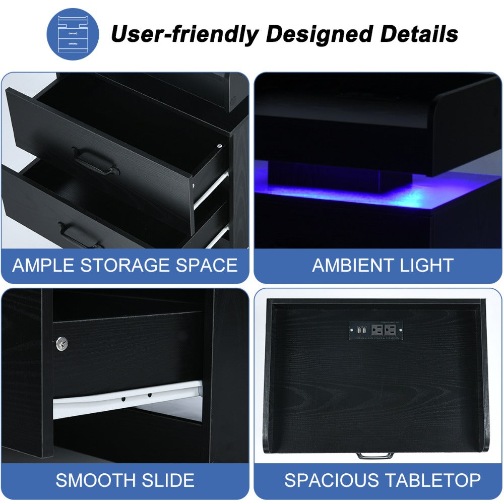 Small Nightstand with USB Charging Station & LED Lights, Compact Bedside Table with Drawer, Under 27 Inch Floor Mount