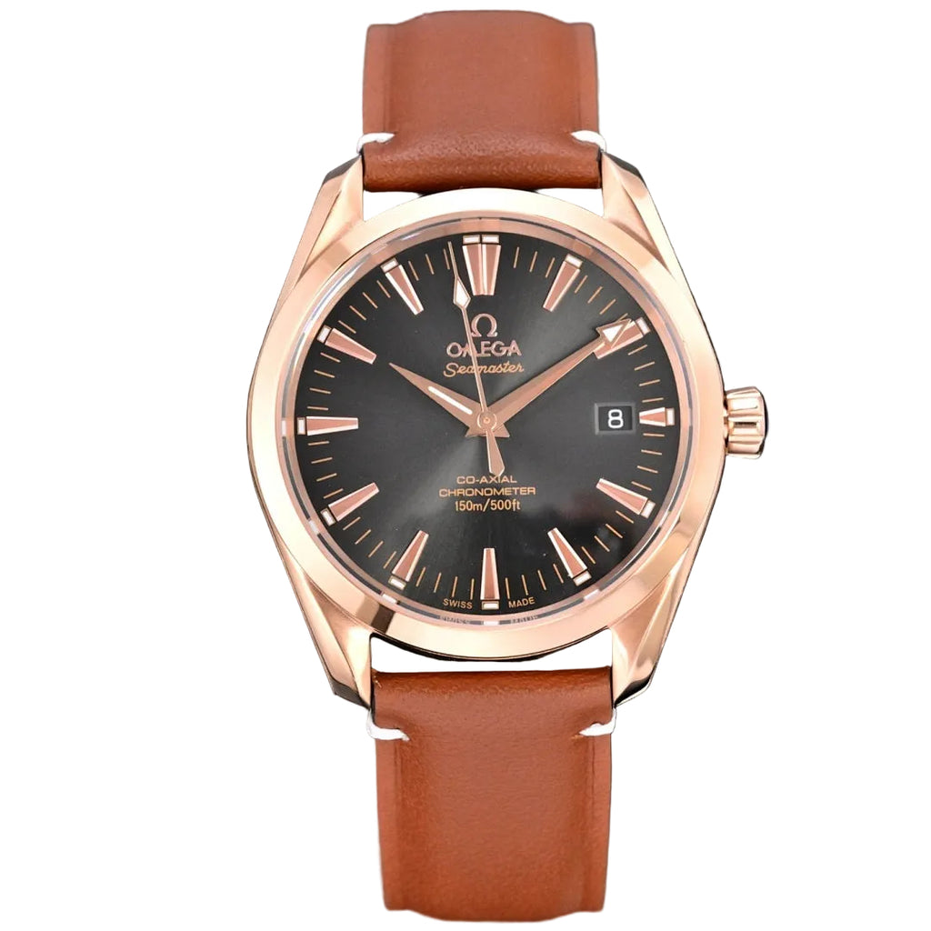 Omega Seamaster Aqua Terra – Rose Gold Black Sunburst Dial Rose Gold Indices Arrow Hands Date Tan Leather Strap