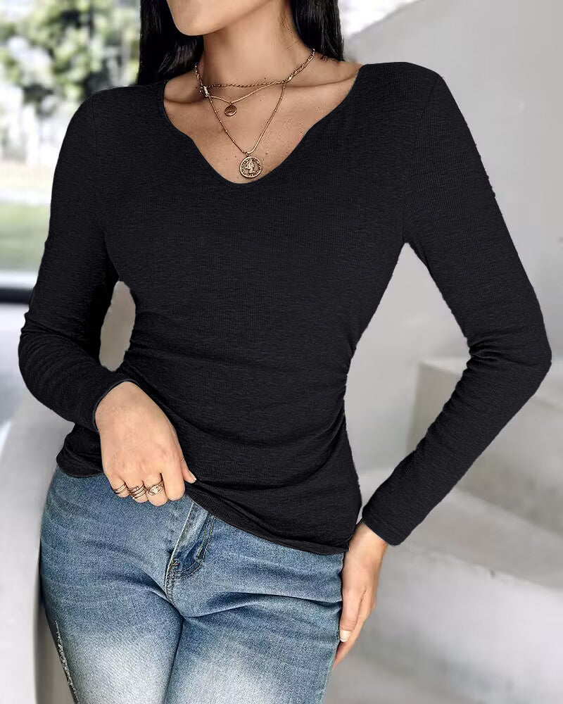 Chicme Built In Bra Notch Neck Long Sleeve Shirts Rib Knit Ruched Waist Top