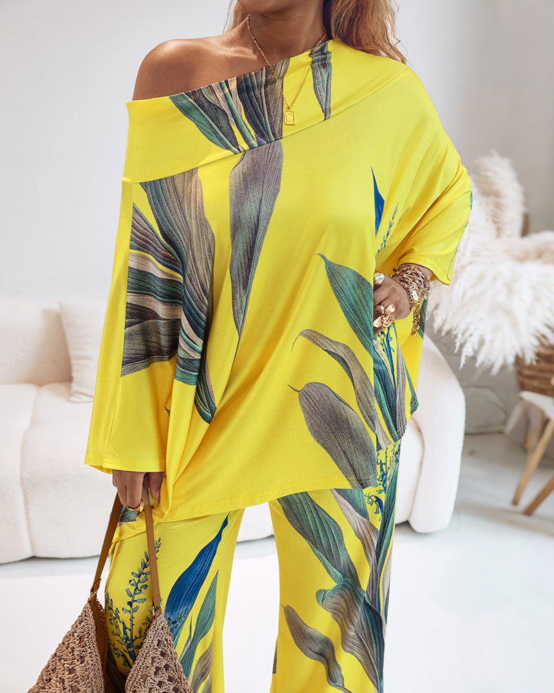 2 Pieces Outfit Plants Print Cold Shoulder Batwing Sleeve Top and Casual Wide Leg Pants Set