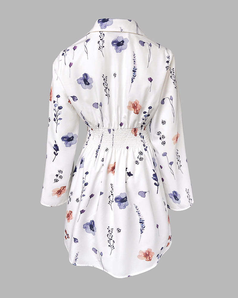 Watercolor Floral Print Turn-down Collar Turn-Up Sleeves Shirred Back Shirt Dress Casual Button Down Cinched Waist Asymmetrical Hem Vacation Dress