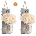 Mason Jar Wall Sconces Set of 2 - Rustic Farmhouse Wall Decor with Ivory Hydrangea Flowers