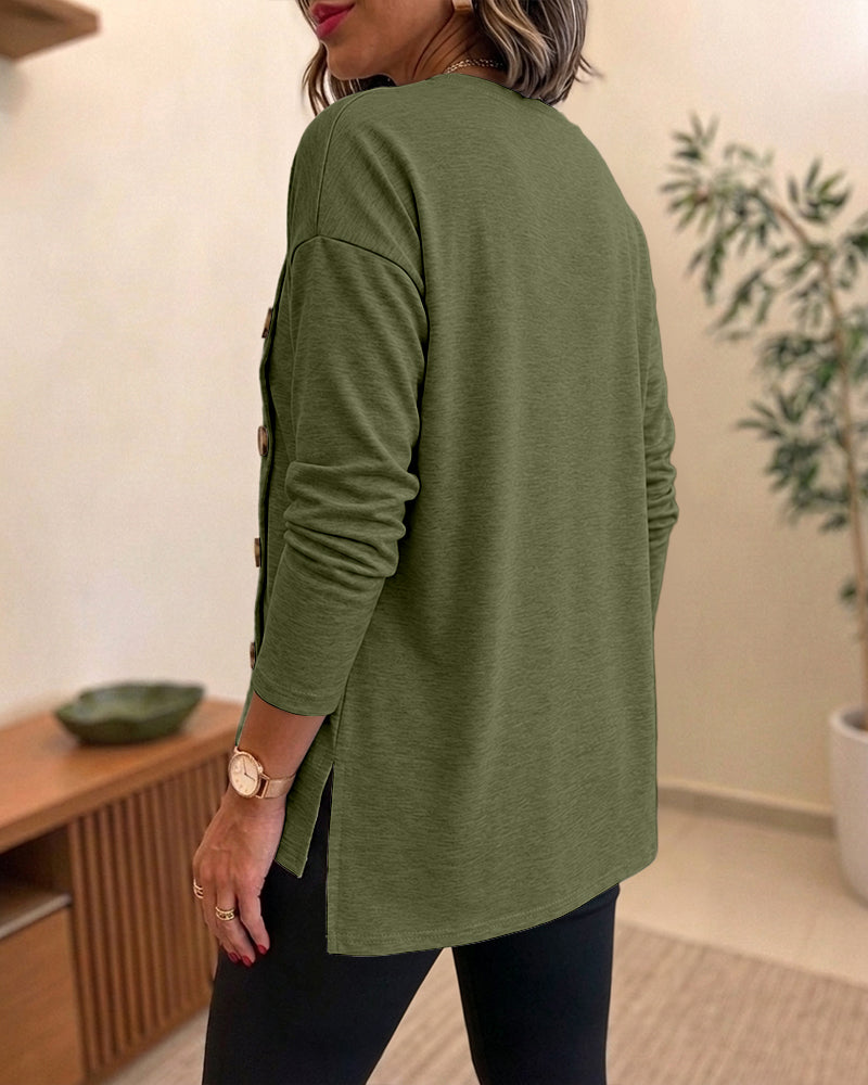 Women's Side Button Detail High-Low Split Hem Loose Tee Drop Shoulder Casual Top