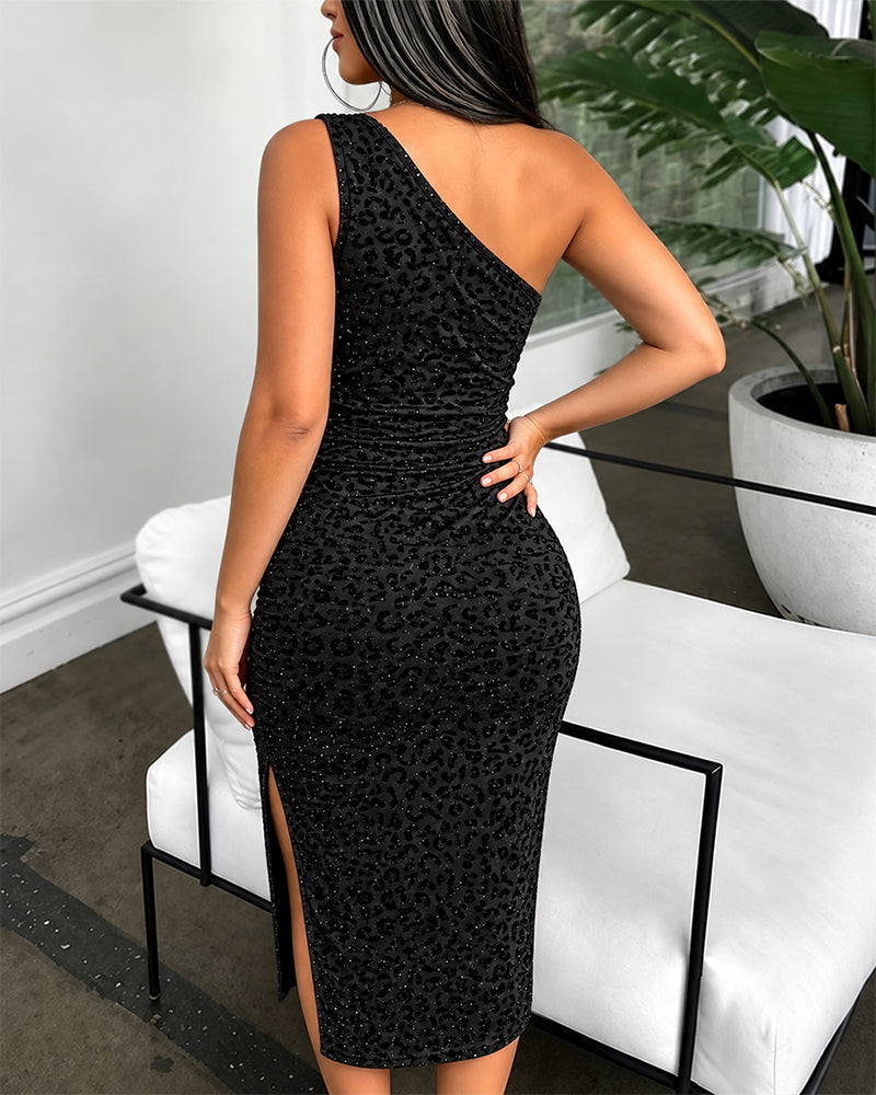 Women's One Shoulder Glitter Flocked Leopard Midi Dress Ruched Bodycon Dress Slit Party Dress