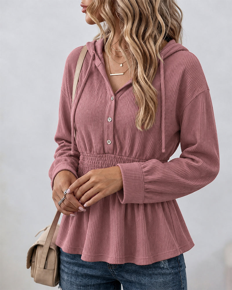 Women's Waffle Knit Drawstring Hooded Button Front Shirred Waist Peplum Top