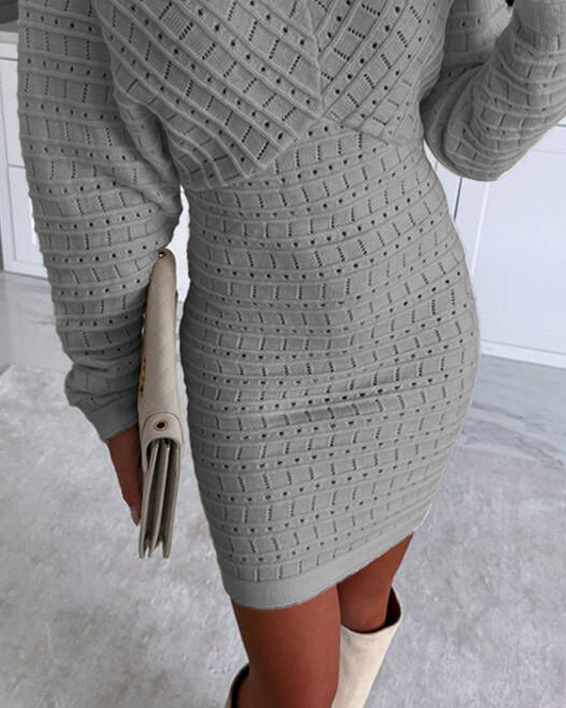 V-Neck Hollow Out Long Sleeve Knit Dress