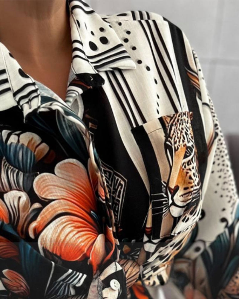 Floral Print Turn-down Collar Shirt Long Sleeve Blouse with Pocket