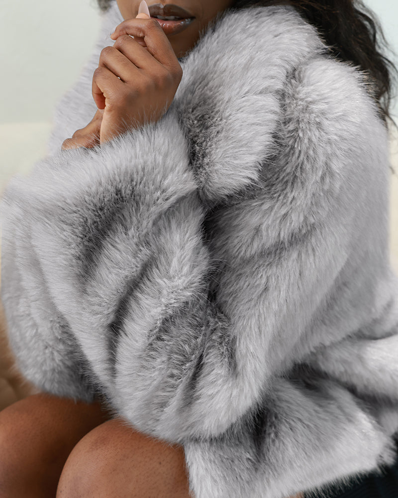 Turn-down Collar Long Sleeve Faux Fur Coat Jacket Casual Warm Fluffy Cropped Coat