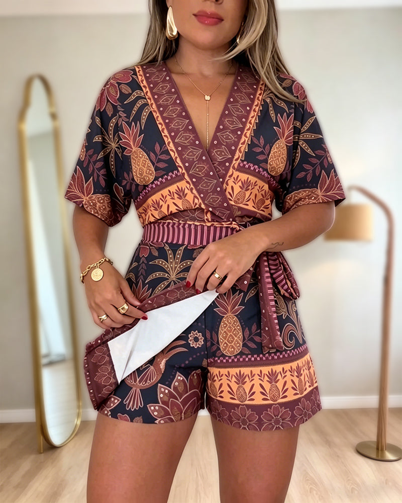 Damen Tropischer Print Romper V-Ausschnitt Wickel-Knoten Seiten Jumpsuit Halbarm Strandurlaub Sommer Skorts Romper