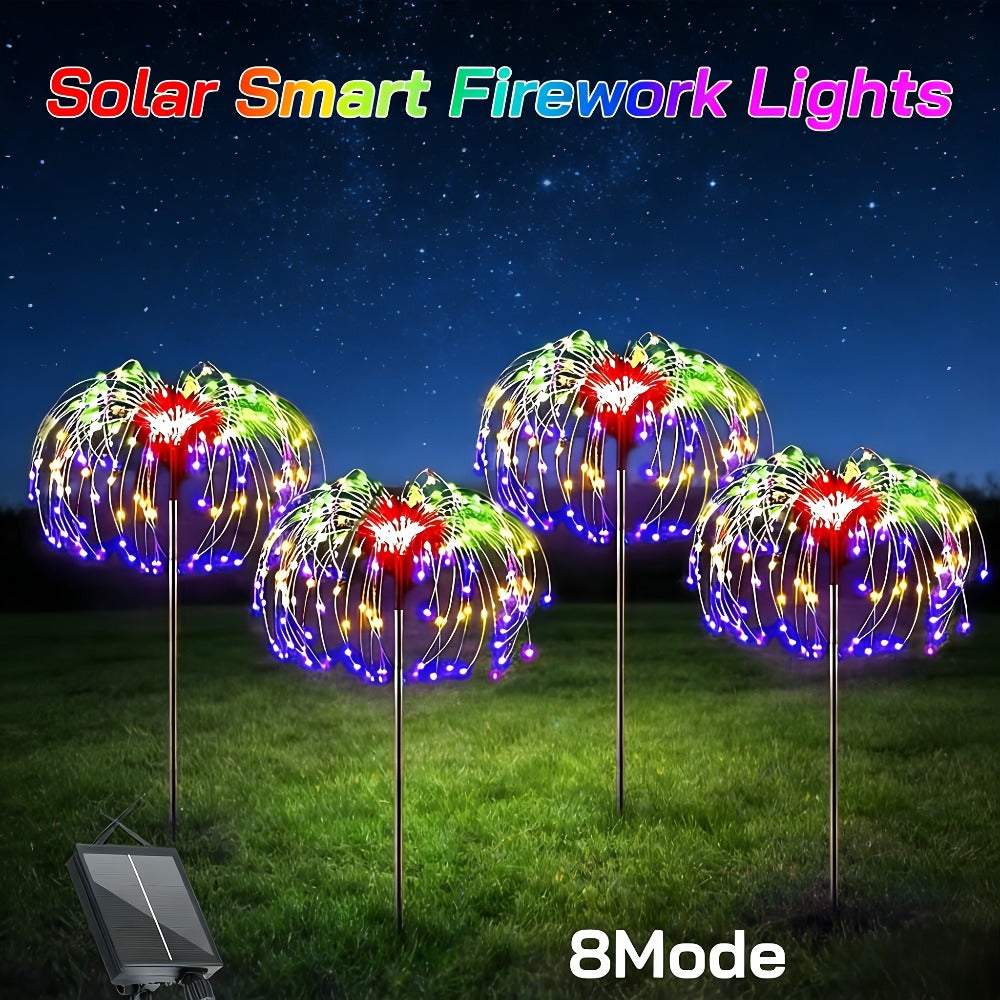 Solar Garden Lights, Four-Pack Firework-Style Outdoor Stakes with Eight Modes and Multicolor LEDs
