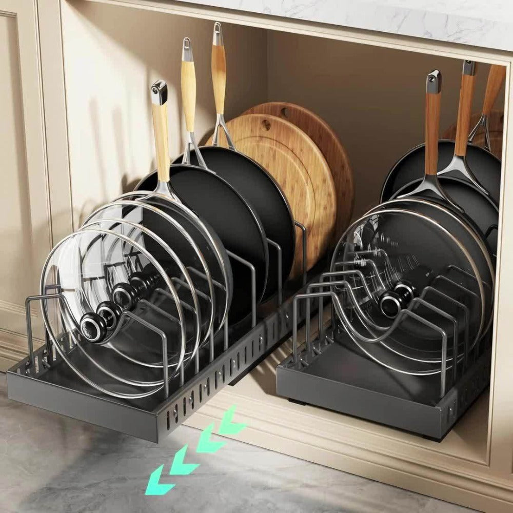 Pull-Out Pot and Pan Lid Rack Cabinet Sliding Storage Organizer - Kitchen Cabinet Slide-Out Box with 8/16 Adjustable Dividers for Lids