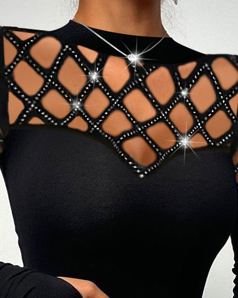 Rhinestone Hollow Out Cold Shoulder Long Sleeve Top Casual Tee