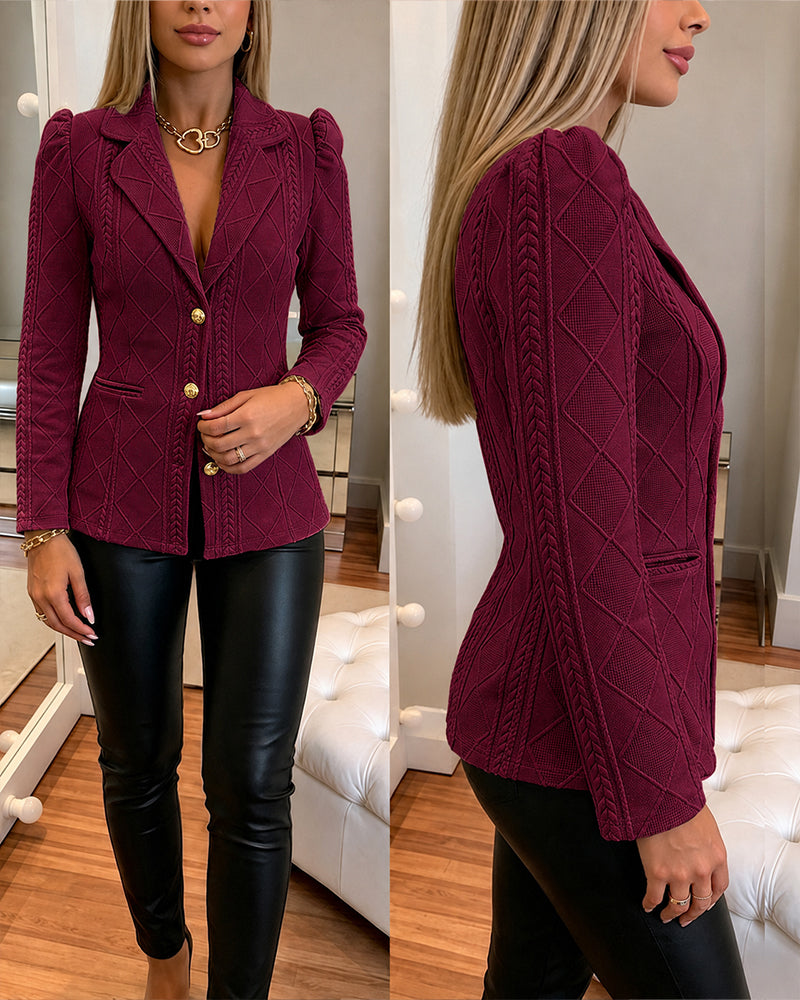 Women's Elegant Argyle Textured Blazer Slim Fit Puff Sleeve Suit Jacket Gold Button Work Office Commuter Blazer with Pockets