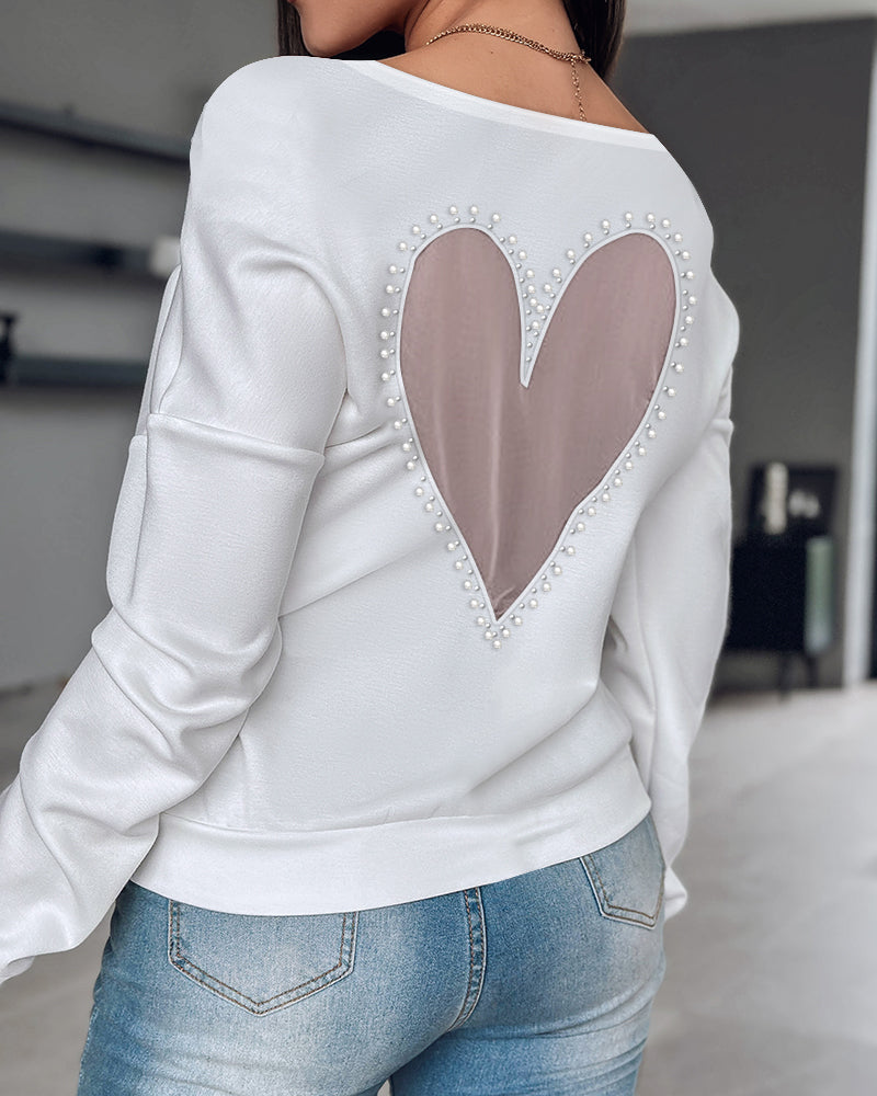 Pearls Decor Sheer Heart Pattern Mesh Spliced Tee Casual Drop Shoulder Long Sleeve Top
