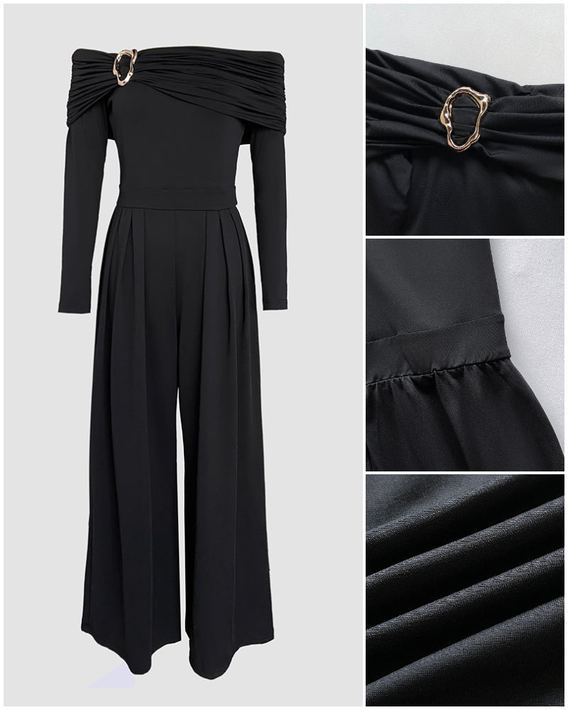 Jumpsuit mit Metallring-Dekor, schulterfrei, gerafft, mit hoher Taille, legerer, taillierter Jumpsuit mit weitem Bein